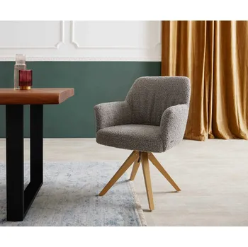 Jídelní židle DELIFE Jídelní židle Xana-Flex s područkami bouclé stříbrně šedá dřevěná podnož hranatá přírodní 180° otočná taštičkové pružiny