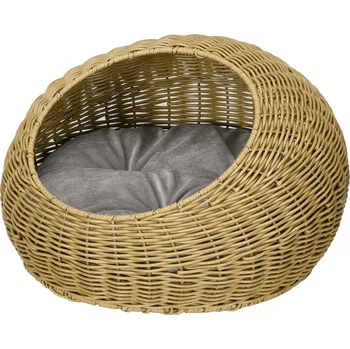 Jeskyně pro kočky PawHut s omyvatelným polštářem, pro zvířata do 4 kg, vnitřní, umělý ratan, Ø50 x 31 cm, světle hnědá