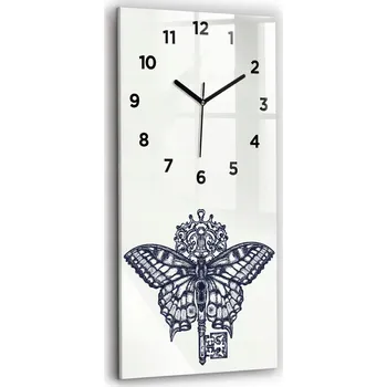 Hodiny Vertikální skleněné nástěnné hodiny s motivem motýla a klíče – boho styl 30x60 cm