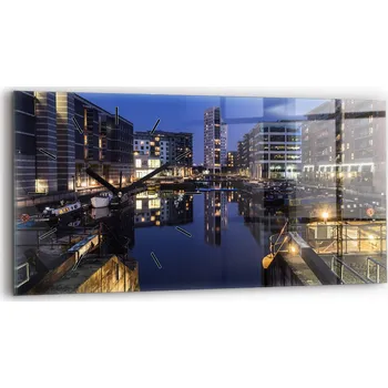 Hodiny Skleněné nástěnné hodiny do obýváku S Potiskem Noční město s osvětlením 60x30 cm