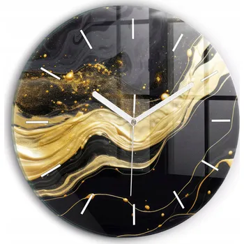 Hodiny Moderní skleněné foto hodiny na zeď tichý mechanismus Zlatý mramor průměr 30 cm