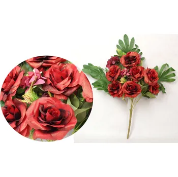 umělá květina Smíšený buket, kytice RŮŽA pozlacená výška 55 cm 11 stonků (11 květů 8-10 cm) ČERVENÁ