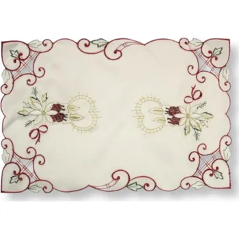 Vánoční dekorace Vánoční ubrousek KRÉMOVÝ vyšívaný vzor (vánoční hvězda, dvě svíčky) 42x30 cm