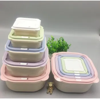 Dóza na potraviny Nádoba, úložná krabička ČTVERCOVÁ s barevným víkem – sada 5 ks