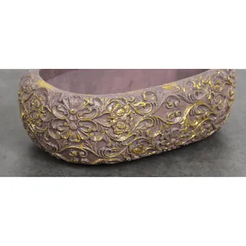 Obal na květináč Betonový obal OVALNÝ S KVĚTINOVÝM VZOREM 22x14,5x8 cm HNĚDO-ZLATÝ
