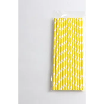 Jednorázové papírové brčka 19,7 x 0,6 cm, 25 ks, ŽLUTÉ s BÍLÝMI TEČKAMI