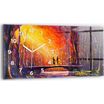 Hodiny Nástěnné horizontální skleněné hodiny se stylovým potiskem Pár v lese 60x30 cm