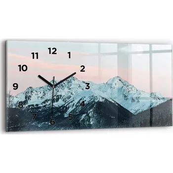 Hodiny Moderní skleněné hodiny s grafikou na zeď 60 cm x 30 cm Horské pásmo v zimě