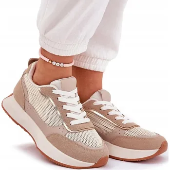Dámské tenisky DÁMSKÉ SPORTOVNÍ BOTY S MŘÍŽKOU Z EKO SEMIŠE NA PLATFORMĚ KHAKI 40