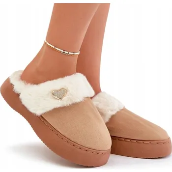 Dámské pantofle PANTOFLE DÁMSKÉ S KOŽÍŠKEM A ZLATÝM SRDÍČKEM TEPLÉ POHODLNÉ HNĚDÉ 40/41
