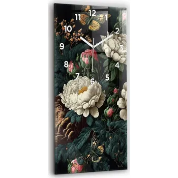 Hodiny Velké skleněné hodiny s tichým chodem, nástěnné, styl loft – Květiny a zlatí motýli 30x60 cm