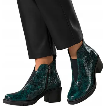 Dámská obuv KOTNÍKOVÉ BOTY Zelené Dámské LAKOVANÉ Kožené VZOR HADÍ KŮŽE Na Širokém Podpatku Módní vel. 40