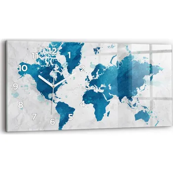 Hodiny Horizontální Skleněné Hodiny Nástěnné do Moderního Interiéru Mapa světa 60x30 cm