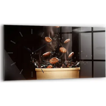 Hodiny Skleněné nástěnné hodiny do moderního interiéru s grafikou Horká káva 60x30 cm