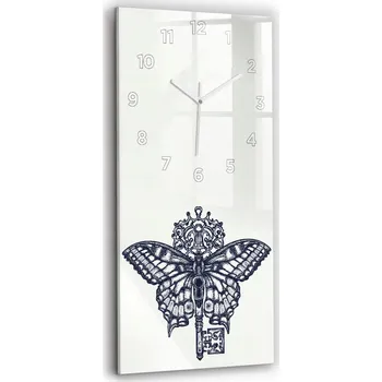 Hodiny Nástěnné vertikální skleněné hodiny do kanceláře Motýl a klíč – boho styl 30x60 cm