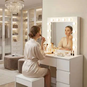 Ložnice ModernHome Kosmetický stolek se zrcadlem a LED osvětlením, 4 zásuvky, stolička