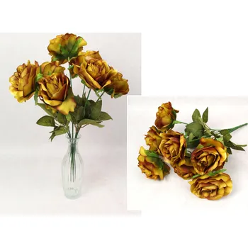 umělá květina Kytice RŮŽE výška 48 cm, 7 stonků (7 květů 11x7 cm) ČERVENO-HNĚDÁ