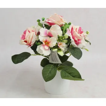 umělá květina Květina RŮŽE v bílém květináči výška 23 cm (květina 7x4 cm) RŮŽOVÁ stínovaná