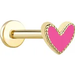 Lillian Vassago Zlatý piercing labreta srdce s růžovým smaltem LLV92-GPI108LB