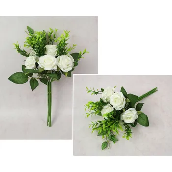 umělá květina Kytice, kytice RŮŽE s doplňky výška 33 cm, 7 stonků (7 květů 5x3 cm) BÍLÁ