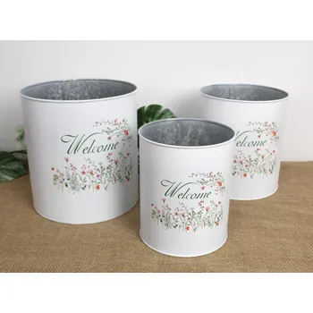 Obal na květináč Kovový obal TUBA s květinovým vzorem a nápisem Welcome – sada 3 ks BÍLÁ
