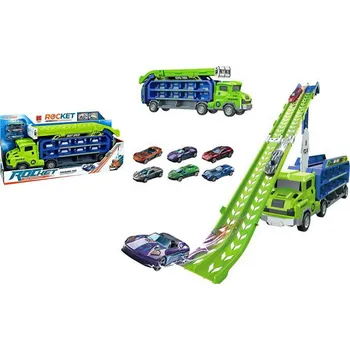 autíčko Vozidlo LAWETA 2v1 s dvojitou skluzavkou + 3 autíčka v krabici 53x26x10 cm