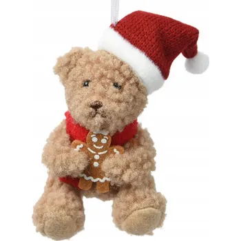 Vánoční ozdoba Vánoční Koule závěsná ozdoba na stromeček, medvídek v čepici, 7x6x12 cm, bílá s domečkem, tvarovaná
