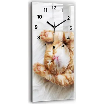 Hodiny Minimalistické skleněné nástěnné hodiny s motivem spícího kotěte 30x60 cm