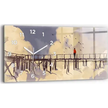 Hodiny Moderní skleněné nástěnné hodiny horizontální 60x30 cm Muž na starém mostě