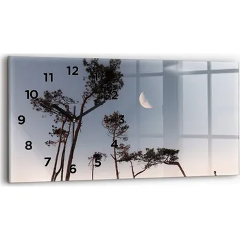Hodiny Skleněné moderní nástěnné hodiny s potiskem 60x30 cm Půlměsíc a stromy