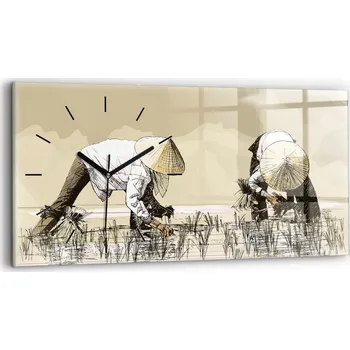 Hodiny Skleněné Horizontální Nástěnné Hodiny s S Potiskem Žena sbírající rýži 60x30 cm