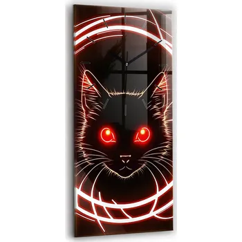 Hodiny Velké skleněné nástěnné hodiny s grafikou - Tichá kočka s červenýma očima 30x60 cm