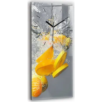 Hodiny Minimalistické skleněné nástěnné hodiny s grafikou Citrusy ve vodě 30x60 cm