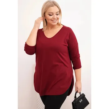 Dámská halenka Dámská bavlněná blůza Plus Size s výstřihem do V a ohrnutým rukávem bordová UNI