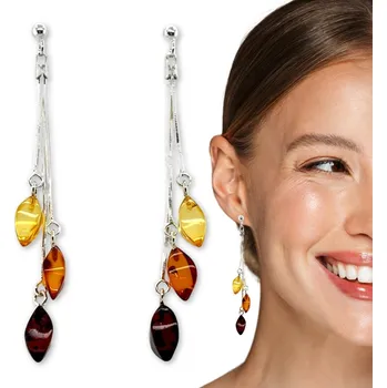 Náušnice Stříbrné náušnice 925 s vícebarevným jantarem, puzetky, délka 6,50 cm