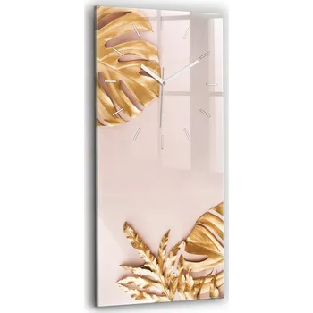 Hodiny Skleněné nástěnné hodiny do obýváku se vzorem zlatých tropických listů 30x60 cm