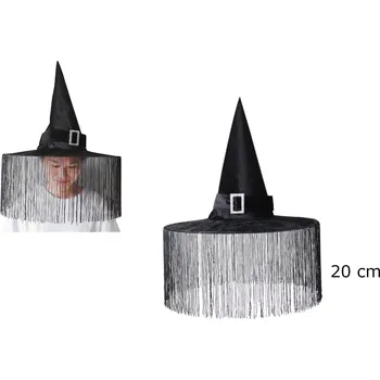 Pokrývka hlavy Čarodějnická čepice z veluru s třásněmi 50x44 cm ČERNÁ