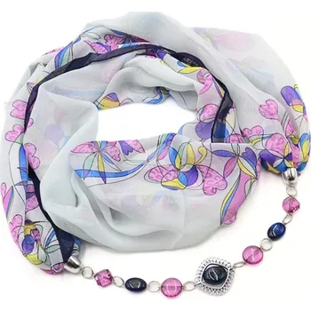 Šála Šála s bižuterií Extravagant - bílo-fialová s potiskem