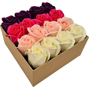 Mýdlo Mýdlová kytice Rosaria | Krémový čtvercový Flower Box (Luxusní čtvercový flower box se 16 voňavými mýdlovými růžemi, které zaujmou vzhledem, potěší vůní a promění každou chvíli v krásný zážitek)