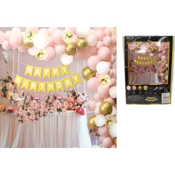 Dekorační sada na narozeniny (girlanda „happy birthday“, balóny) RŮŽOVÁ-ZLATÁ-BÍLÁ – 100 ks