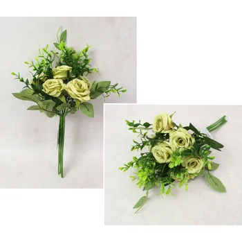 umělá květina Kytice, kytice RŮŽE s doplňky výška 33 cm, 7 stonků (7 květů 5x3 cm) SVĚTLE ZELENÁ