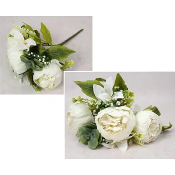 umělá květina Smíšená kytice PIVOŇA, LILIE výška 32 cm, 7 stonků (5 květů 11-8 cm) BÍLÁ