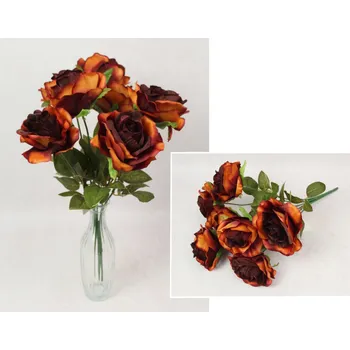 umělá květina Kytice RŮŽE výška 48 cm, 7 stonků (7 květů 11x7 cm) BORDO-ORANŽOVÁ
