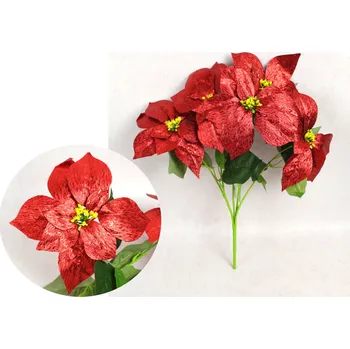 Vánoční dekorace Kytice vánoční hvězda, POINSECJA lesklá výška 46 cm, 5 stonků (5 květů 20 cm) ČERVENÁ