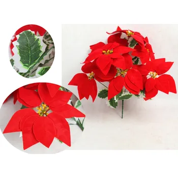 Vánoční dekorace Kytice vánoční hvězda, POINSECJA velurová výška 38 cm, 7 stonků (7 květů 20 cm) ČERVENÁ