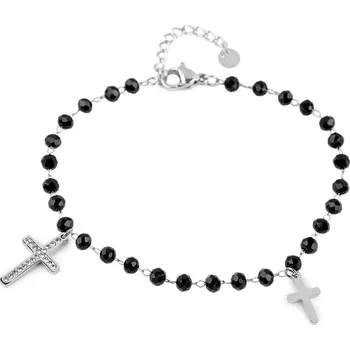 Náhrdelník Náramek z nerezové oceli křížek s broušenými korálky - 1 černá stříbrná