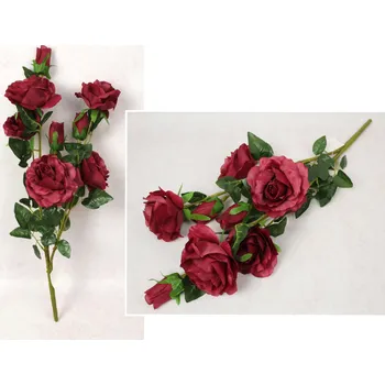 umělá květina Kytice RŮŽE výška 70 cm, 3 stonky (5 květů 13x7 cm + 3 poupata) BORDOVÁ