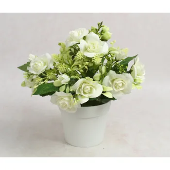 umělá květina Květ RŮŽE v bílém květináči výška 20 cm (květ 5x1,5 cm) BÍLÁ