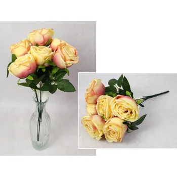 umělá květina Kytice RŮŽE výška 37 cm, 7 stonků (7 květů 8x5 cm) ŽLUTO-RŮŽOVÁ