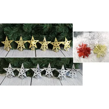 Vánoční dekorace Plastová hvězda na špičku vánočního stromku 8x8,5 cm mix zlatá, červená, stříbrná - sada 6 ks